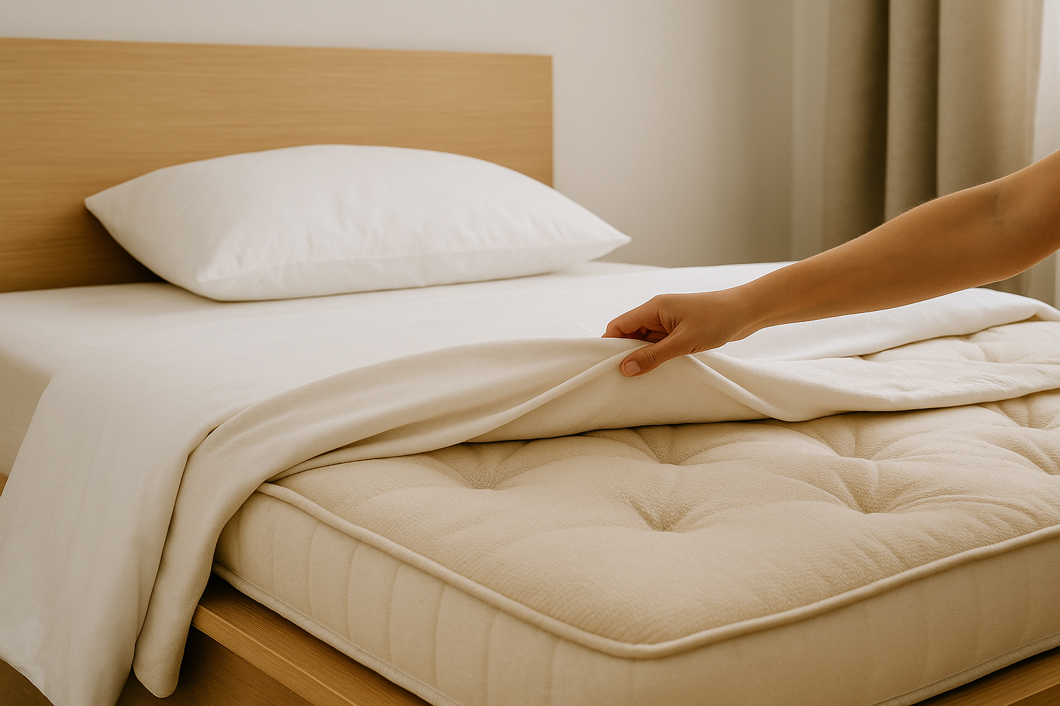 Letto con lenzuola chiare e topper in lana visibile sotto il lenzuolo, simbolo dell’elemento dimenticato tra il corpo e il materasso