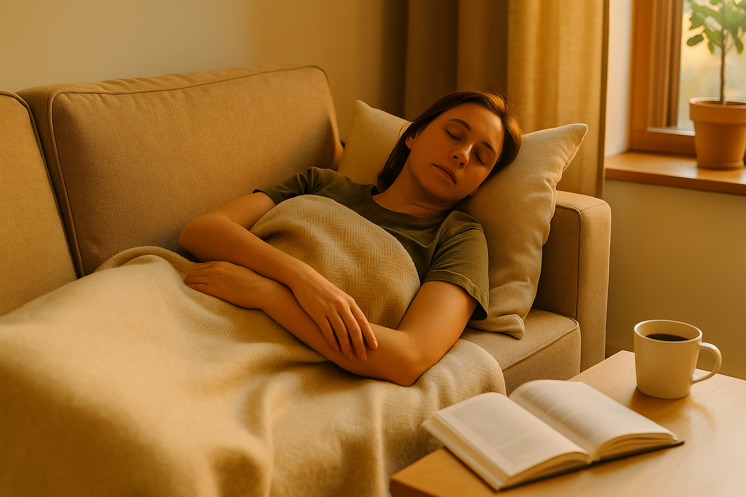 Donna che fa un breve pisolino pomeridiano sul divano con coperta in lana, illuminata da luce calda e naturale del pomeriggio