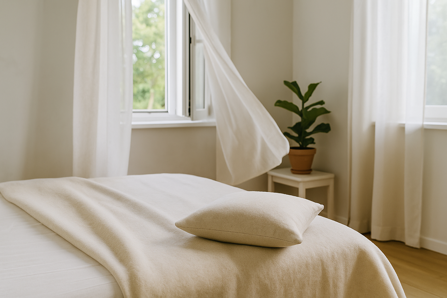 Camera da letto luminosa con finestra aperta e coperta in lana, simbolo di aria pura e respiro naturale durante il sonno