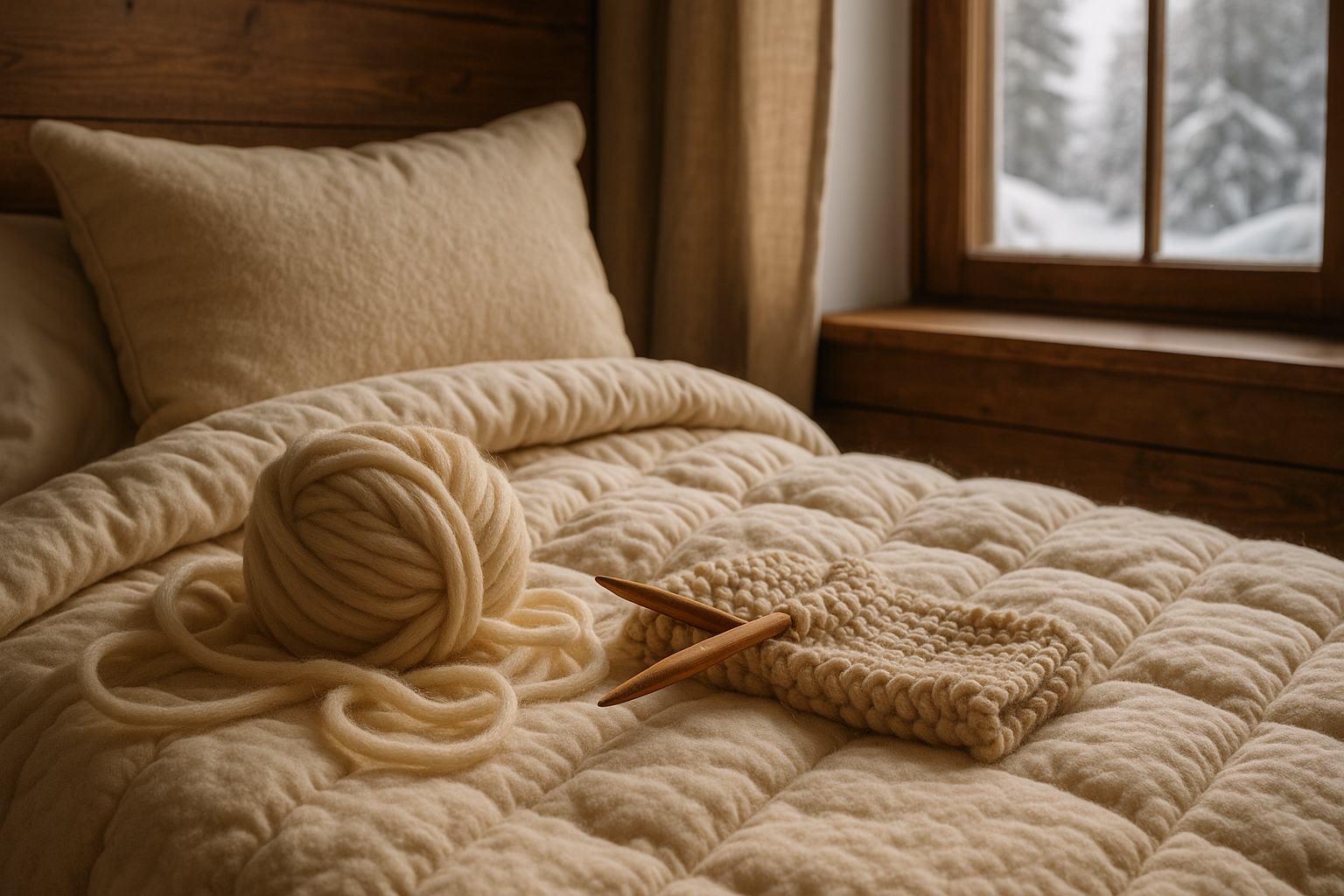 Letto in lana naturale con trapunta e cuscini artigianali, in una stanza luminosa e rilassante, ideale per il sonno naturale e rigenerante.