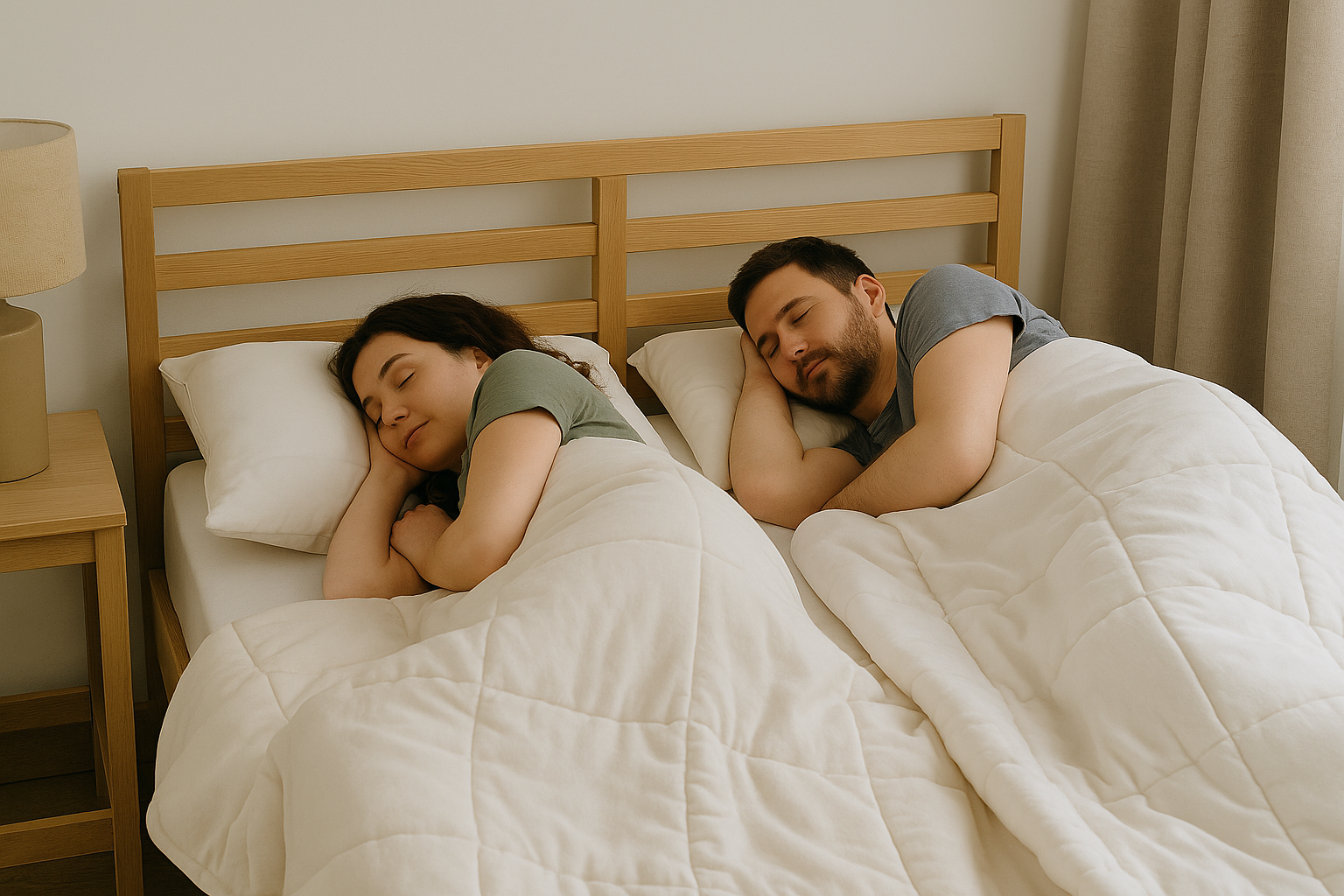 Coppia che dorme serenamente nello stesso letto con due coperte separate, simbolo del metodo scandinavo per migliorare il sonno di coppia