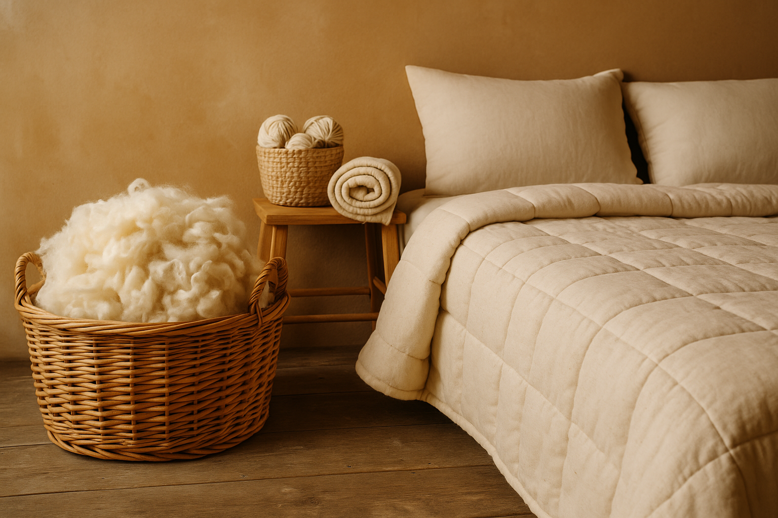 Interno di una casa naturale con tessili in lana, priva di plastica, con cuscini e trapunta in lana su letto in legno. Ambiente sano e sostenibile.