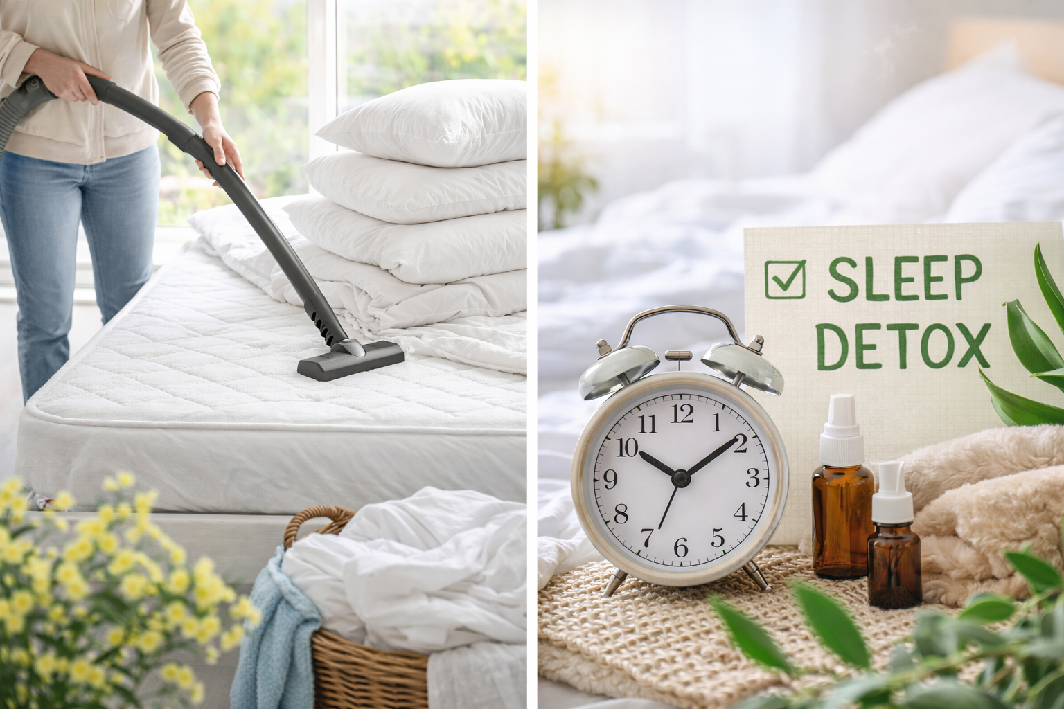 Pulizie di primavera del materasso con aspirapolvere e concetto di detox del sonno con cuscini e prodotti naturali