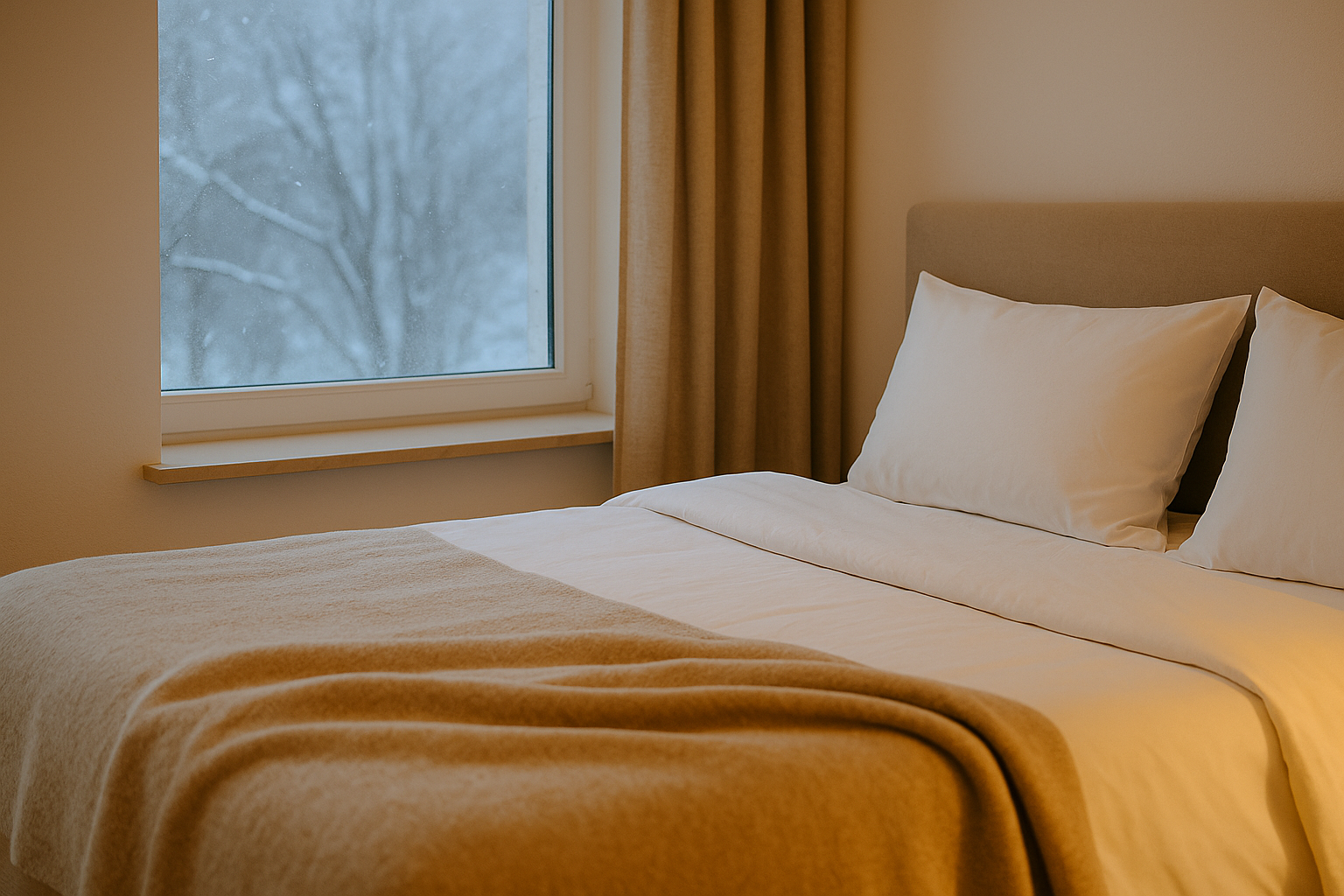 Camera da letto calda e accogliente con coperta in lana e finestra che mostra l’inverno all’esterno, simbolo di comfort naturale contro il freddo