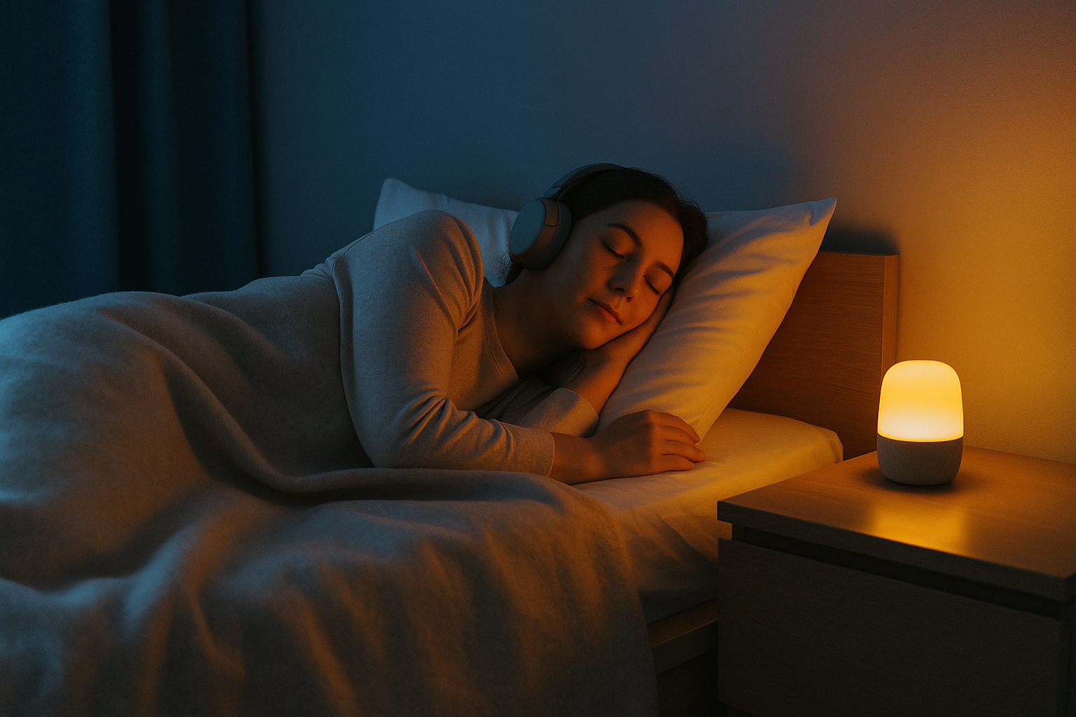Donna che dorme serenamente avvolta in una coperta di lana, con luce calda e diffusore acustico sul comodino che emette suoni rilassanti