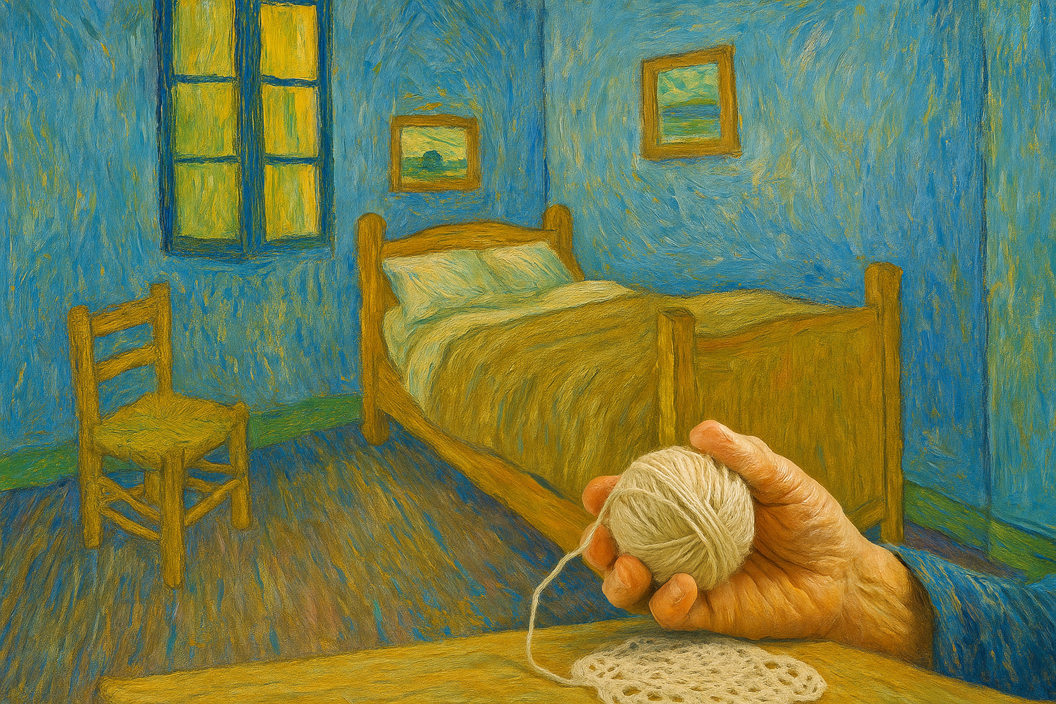 Camera da letto ispirata a Van Gogh con letto in legno, pareti blu e toni caldi, simbolo del legame tra arte, riposo e intimità domestica
