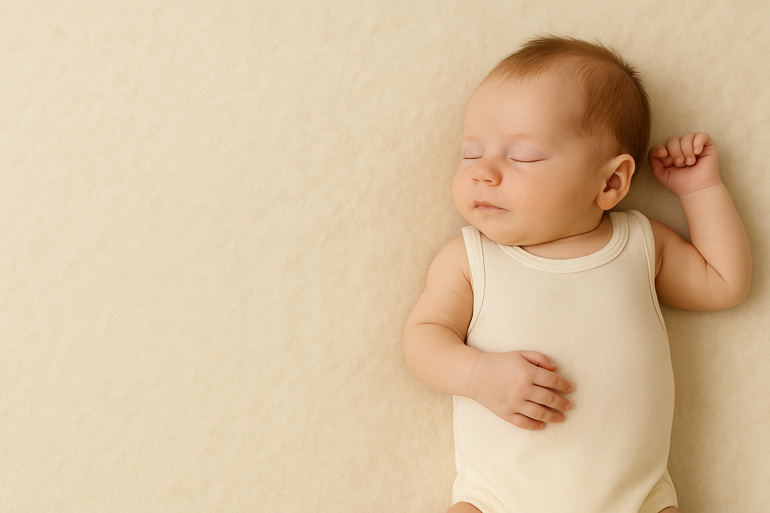 Neonato che dorme serenamente su una superficie in lana naturale, simbolo di comfort termico e nanna sicura senza surriscaldamento