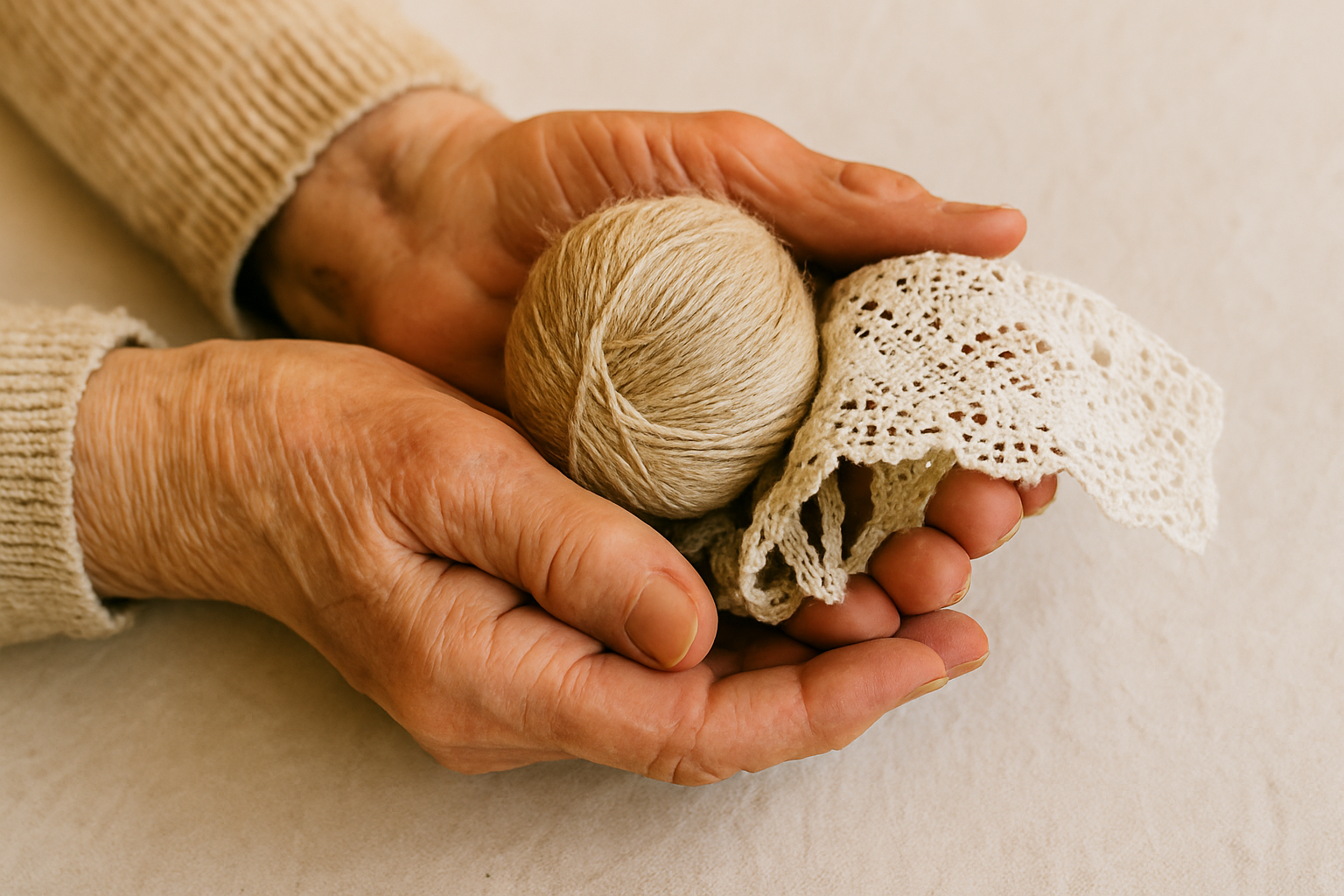 Mani anziane che tengono un gomitolo di lana e un centrino ricamato, simbolo di memoria, tradizione e artigianalità familiare