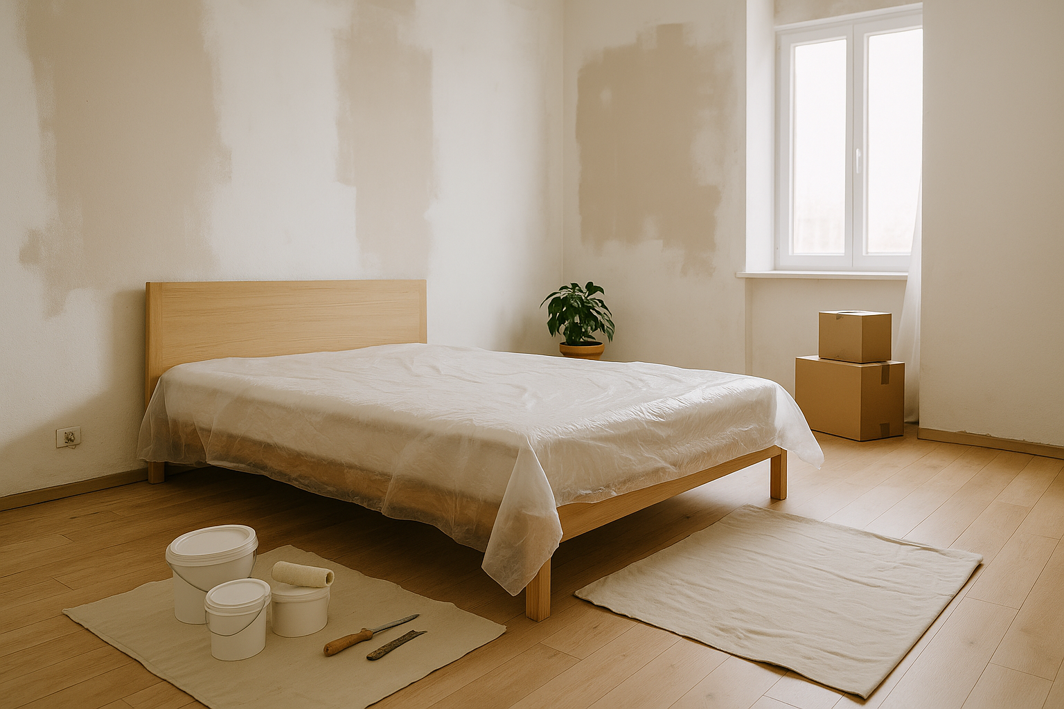 Camera da letto in fase di ristrutturazione con pareti appena dipinte, letto in legno in montaggio e luce naturale che entra dalla finestra