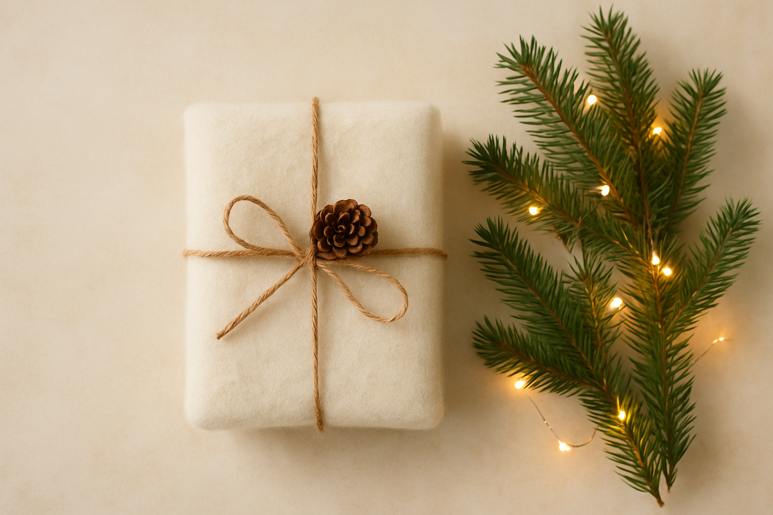 Regalo avvolto in lana naturale con spago e pigna, simbolo di un dono di calore, cura e benessere profondo